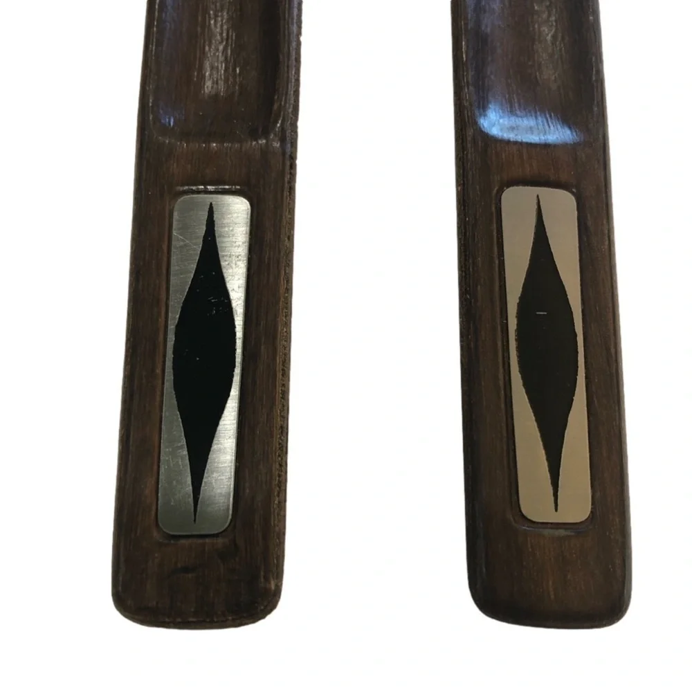 MCM wooden salad servers fork and spoon with decorative metal accents. Geometric